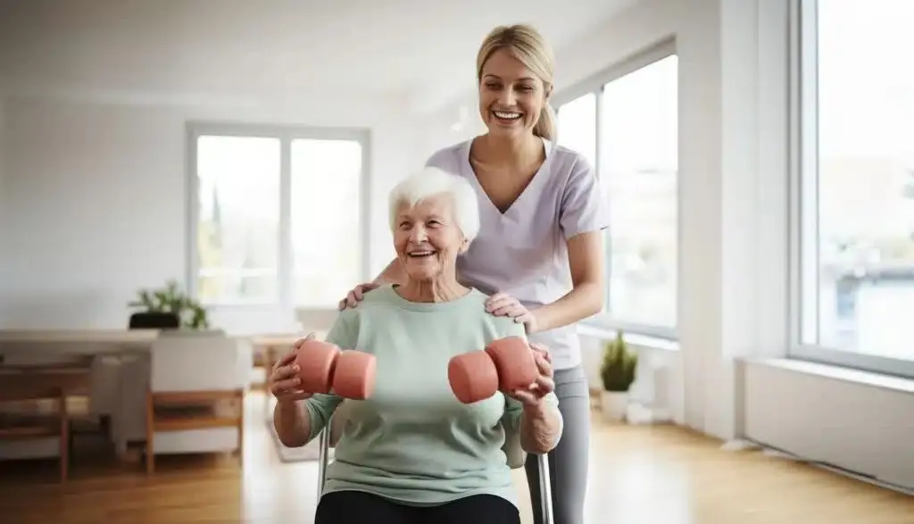 Physical therapist helping a patient improve mobility at home